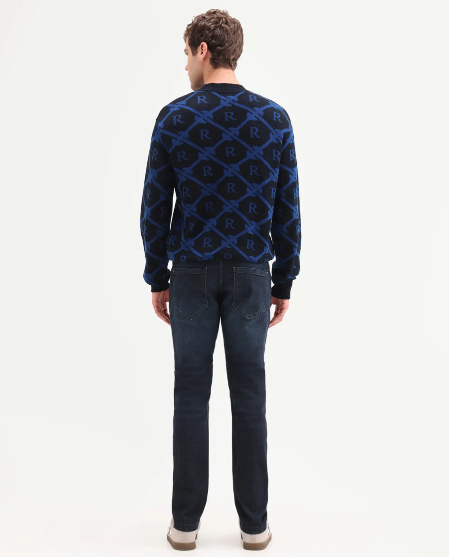 Rare Rabbit Men's Timon Dark Navy Cotton Blend Fabric Shank And Zipper Hawk Slim Plain Jeans