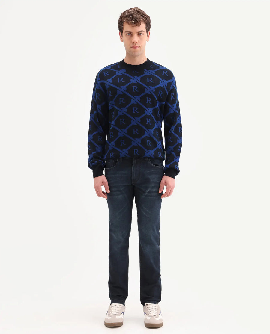 Rare Rabbit Men's Timon Dark Navy Cotton Blend Fabric Shank And Zipper Hawk Slim Plain Jeans