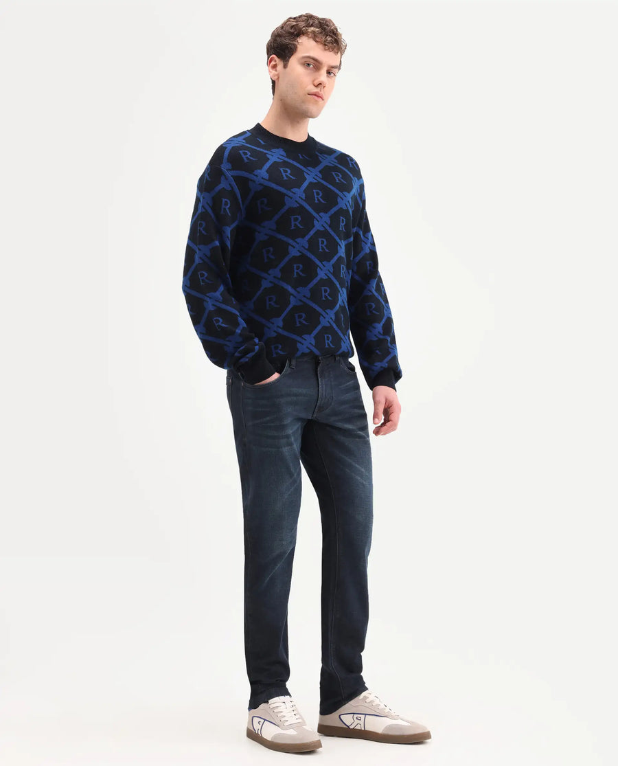 Rare Rabbit Men's Timon Dark Navy Cotton Blend Fabric Shank And Zipper Hawk Slim Plain Jeans