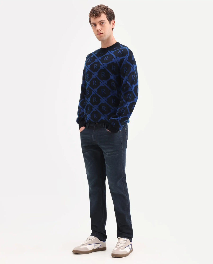 Rare Rabbit Men's Timon Dark Navy Cotton Blend Fabric Shank And Zipper Hawk Slim Plain Jeans