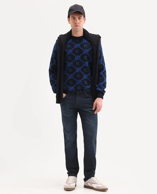 Rare Rabbit Men's Timon Dark Navy Cotton Blend Fabric Shank And Zipper Hawk Slim Plain Jeans