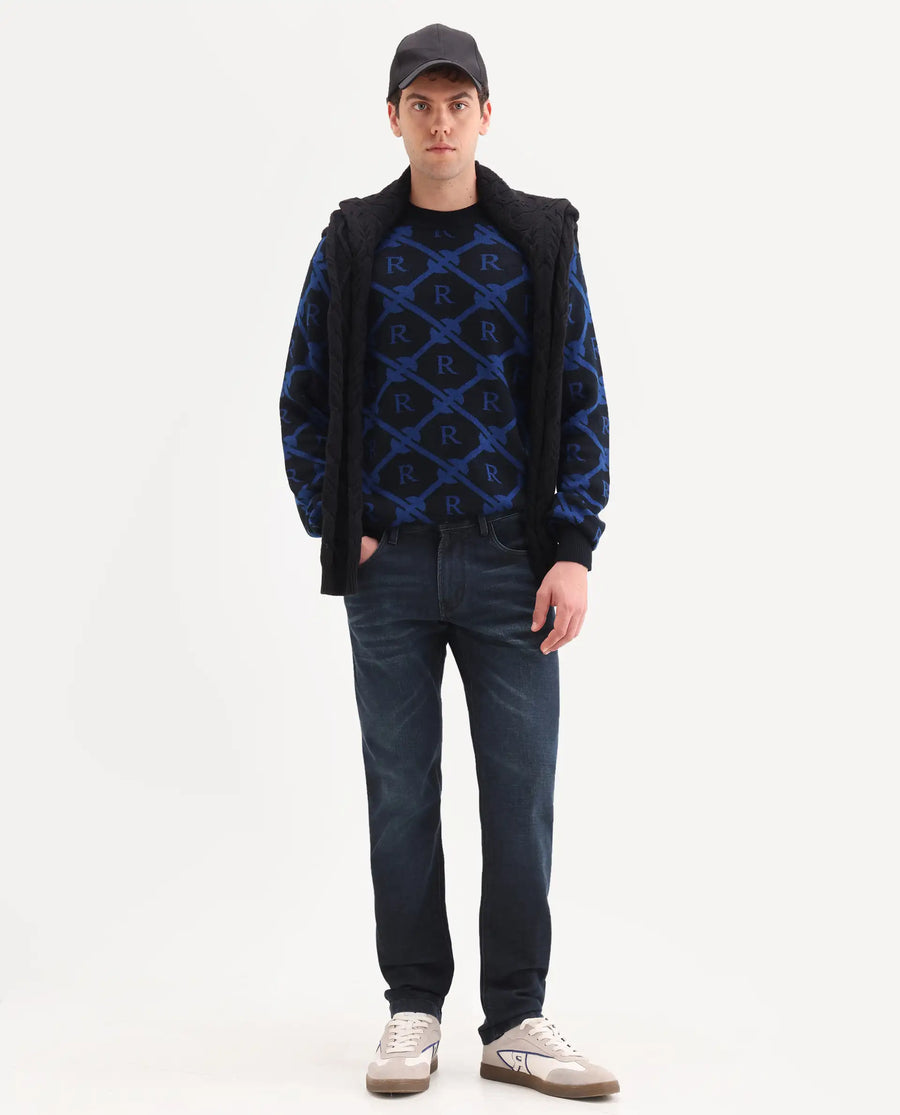 Rare Rabbit Men's Timon Dark Navy Cotton Blend Fabric Shank And Zipper Hawk Slim Plain Jeans