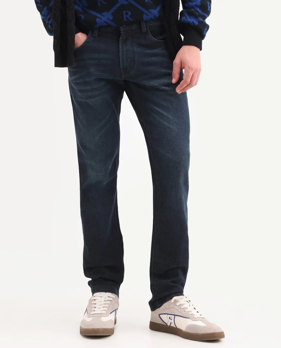 Rare Rabbit Men's Timon Dark Navy Cotton Blend Fabric Shank And Zipper Hawk Slim Plain Jeans