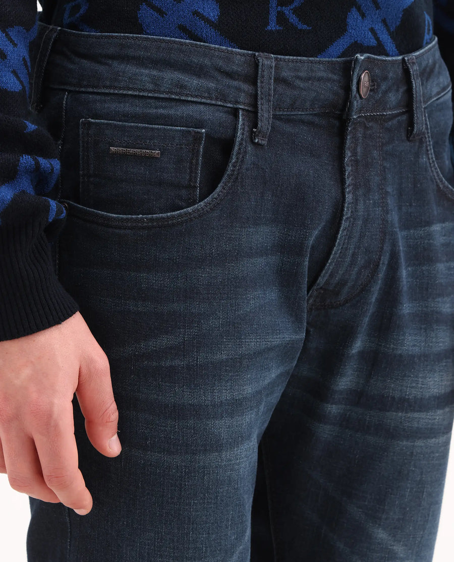 Rare Rabbit Men's Timon Dark Navy Cotton Blend Fabric Shank And Zipper Hawk Slim Plain Jeans