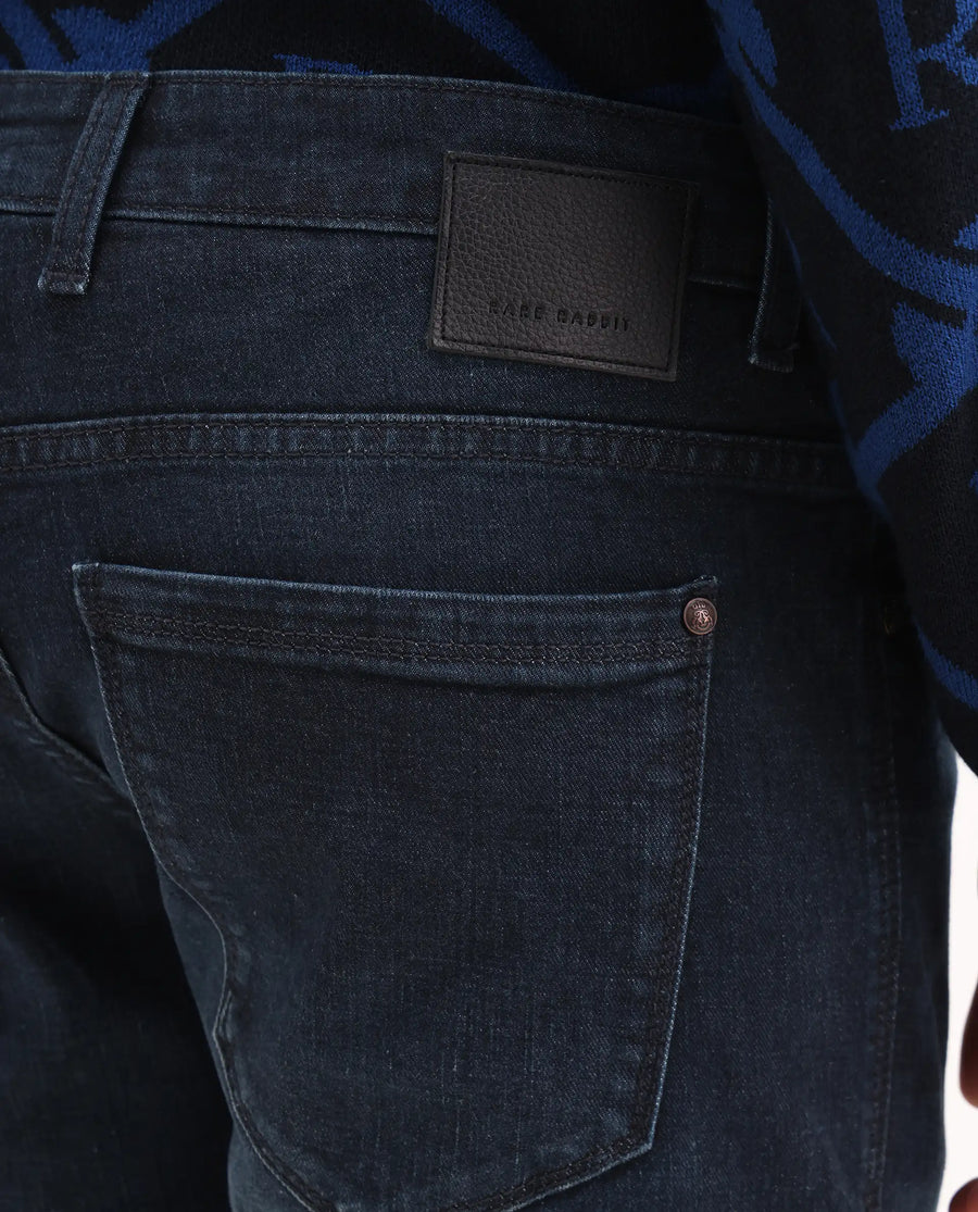 Rare Rabbit Men's Timon Dark Navy Cotton Blend Fabric Shank And Zipper Hawk Slim Plain Jeans