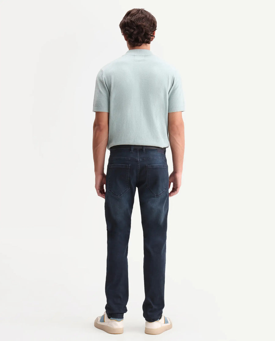 Rare Rabbit Men's Vark Dark Navy Cotton Blend Fabric Shank And Zipper Hawk Slim Plain Jeans