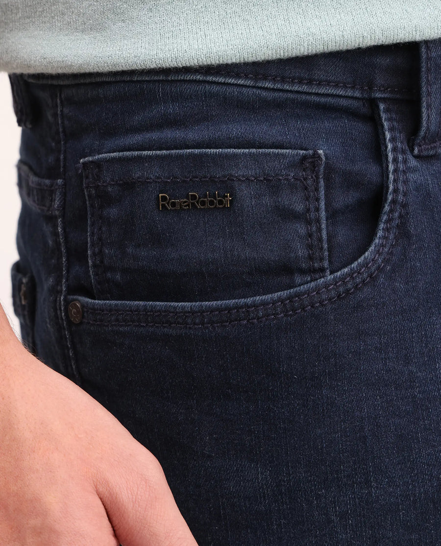 Rare Rabbit Men's Vark Dark Navy Cotton Blend Fabric Shank And Zipper Hawk Slim Plain Jeans
