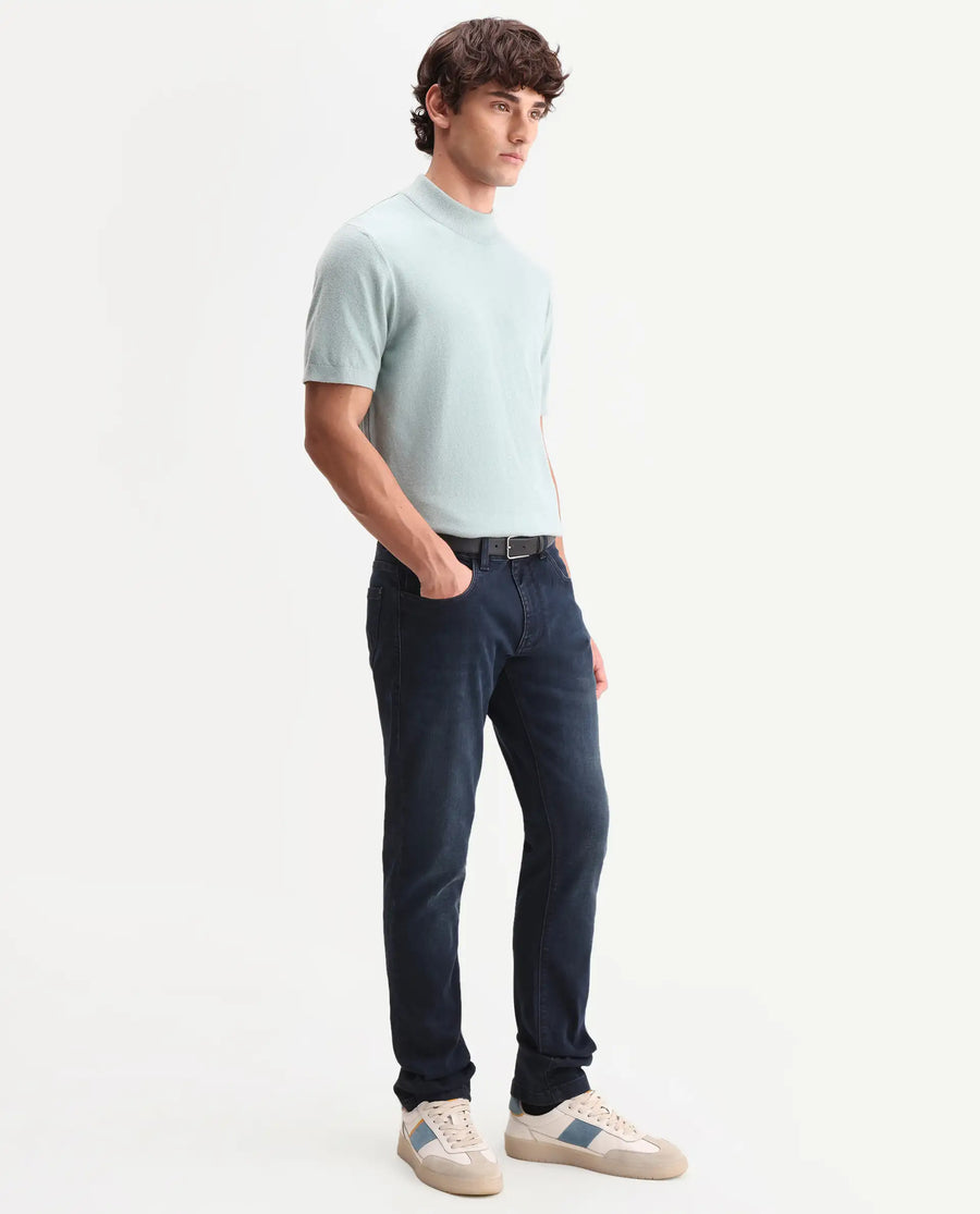 Rare Rabbit Men's Vark Dark Navy Cotton Blend Fabric Shank And Zipper Hawk Slim Plain Jeans