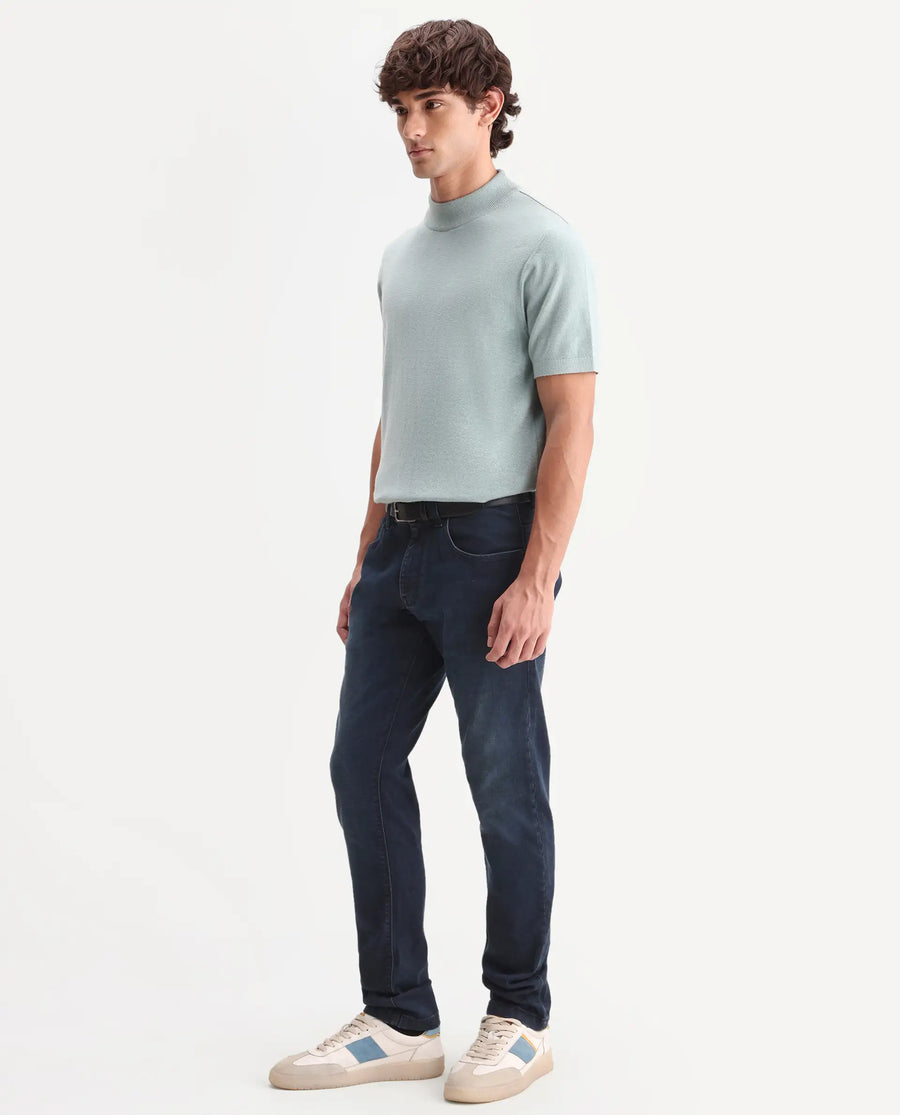 Rare Rabbit Men's Vark Dark Navy Cotton Blend Fabric Shank And Zipper Hawk Slim Plain Jeans