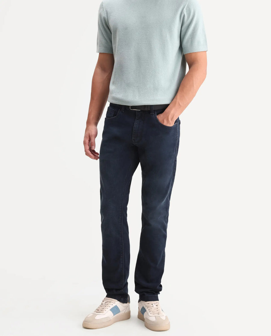 Rare Rabbit Men's Vark Dark Navy Cotton Blend Fabric Shank And Zipper Hawk Slim Plain Jeans
