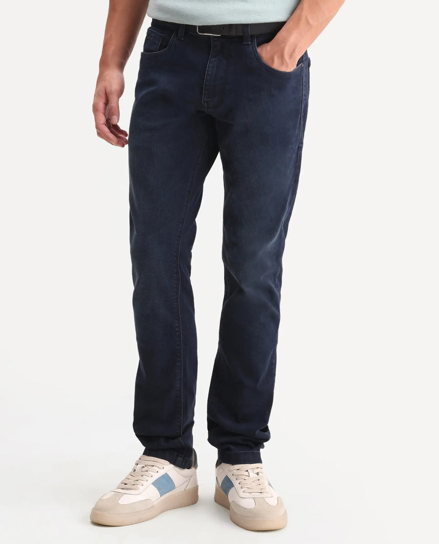 Rare Rabbit Men's Vark Dark Navy Cotton Blend Fabric Shank And Zipper Hawk Slim Plain Jeans