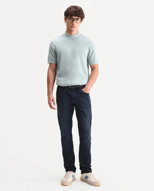 Rare Rabbit Men's Vark Dark Navy Cotton Blend Fabric Shank And Zipper Hawk Slim Plain Jeans