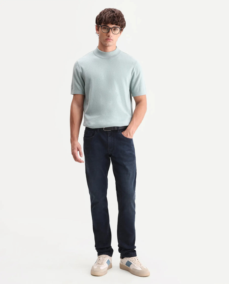 Rare Rabbit Men's Vark Dark Navy Cotton Blend Fabric Shank And Zipper Hawk Slim Plain Jeans