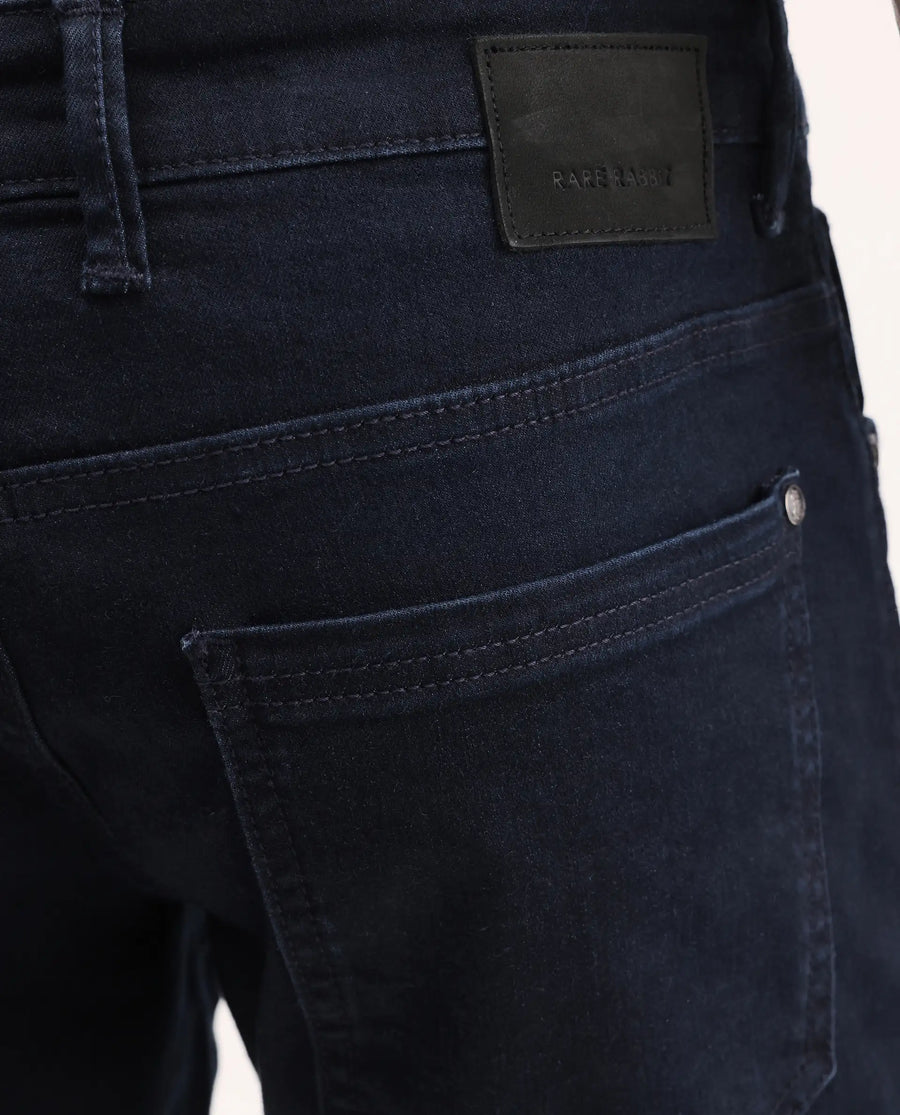 Rare Rabbit Men's Zint Dark Navy Cotton Blend Fabric Shank And Zipper Hawk Slim Plain Jeans
