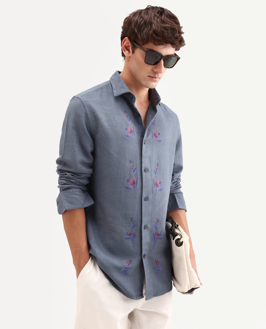 Rare Rabbit Men's Yelb Light Grey Cotton Fabric Full Sleeve Spread Collar Button Regular Embroidered Shirt