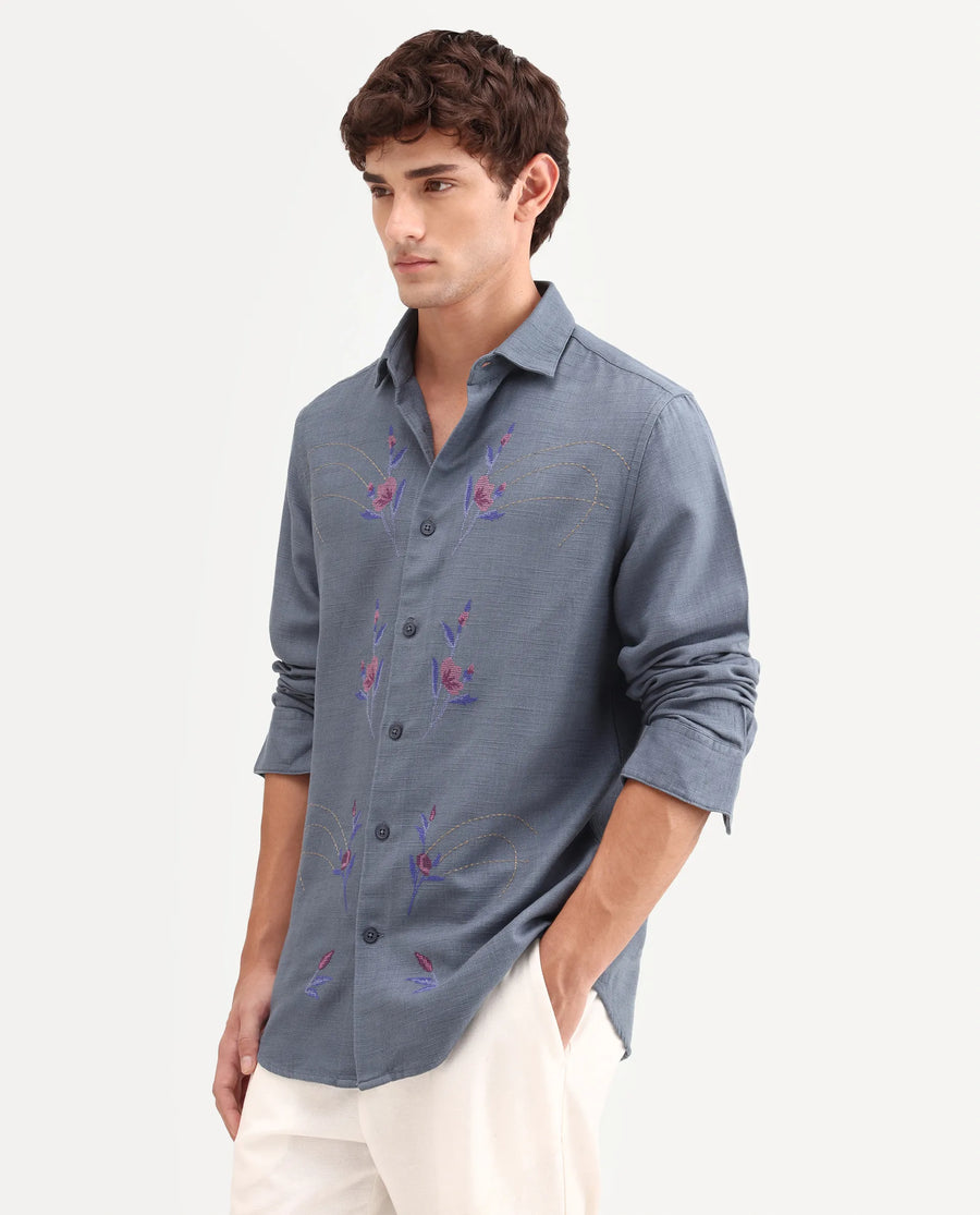 Rare Rabbit Men's Yelb Light Grey Cotton Fabric Full Sleeve Spread Collar Button Regular Embroidered Shirt