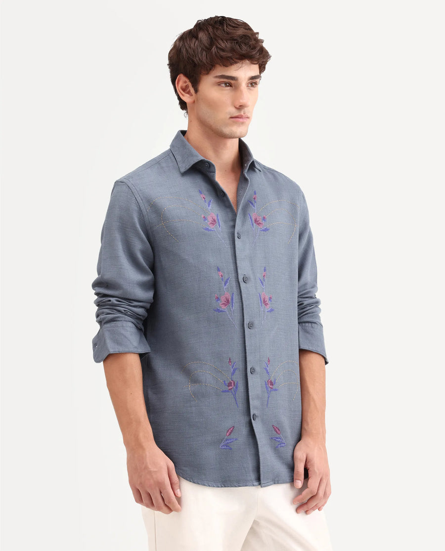 Rare Rabbit Men's Yelb Light Grey Cotton Fabric Full Sleeve Spread Collar Button Regular Embroidered Shirt