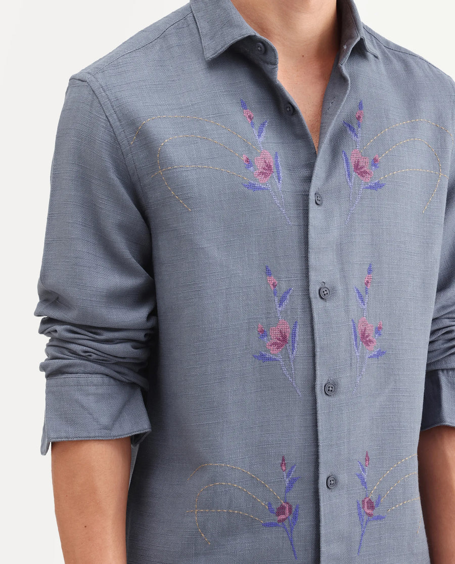 Rare Rabbit Men's Yelb Light Grey Cotton Fabric Full Sleeve Spread Collar Button Regular Embroidered Shirt