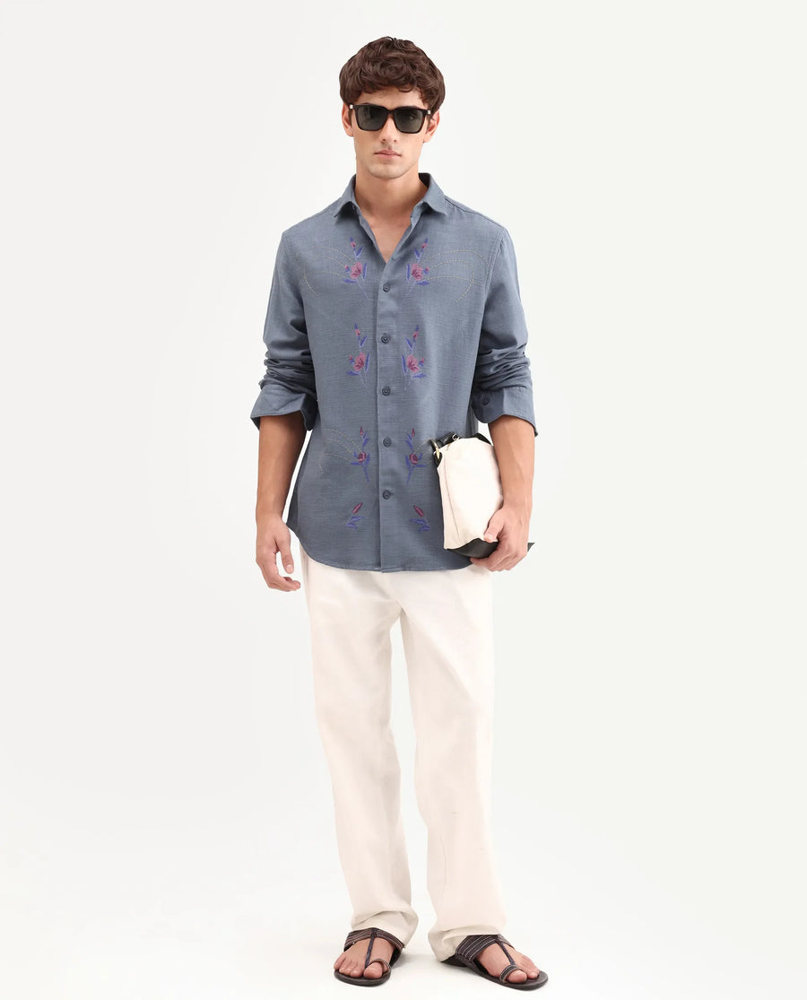 Rare Rabbit Men's Yelb Light Grey Cotton Fabric Full Sleeve Spread Collar Button Regular Embroidered Shirt