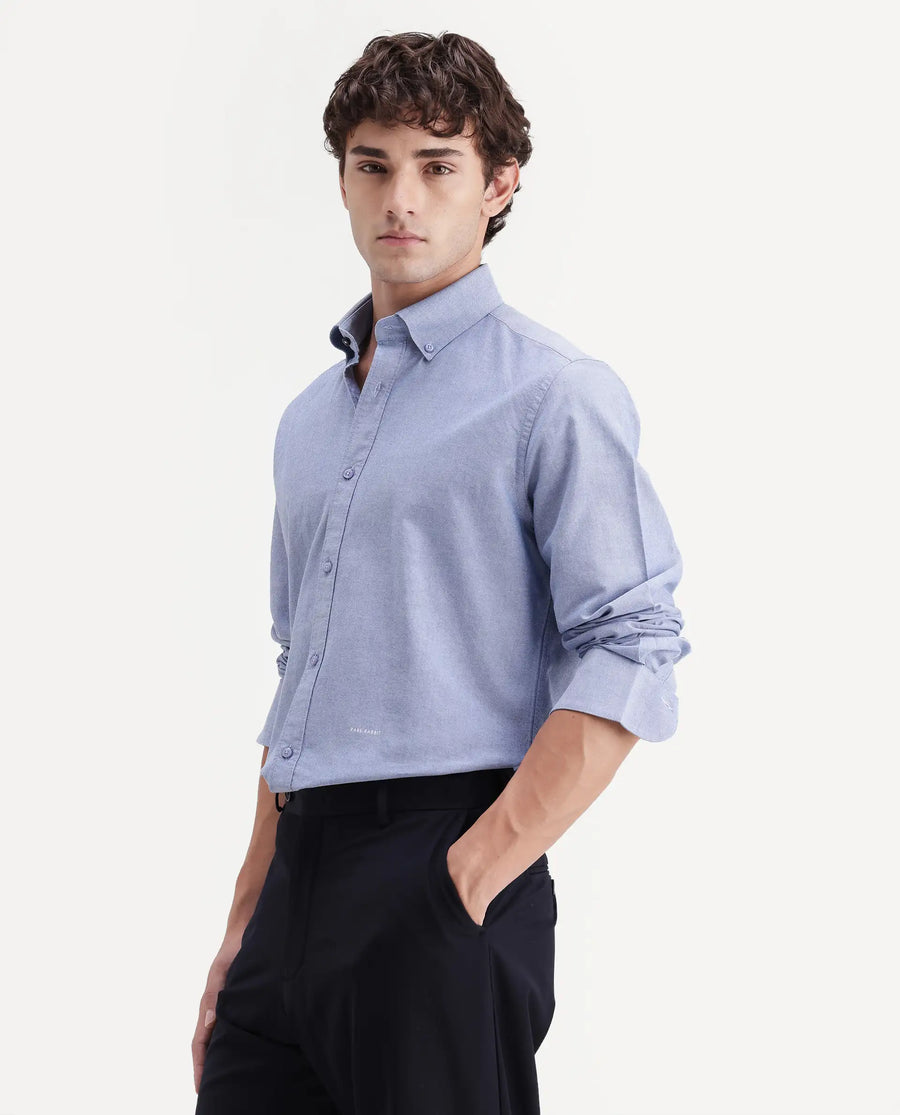 Rare Rabbit Men's Olise Blue Cotton Spread Collar Button Regular Fit Plain Shirt