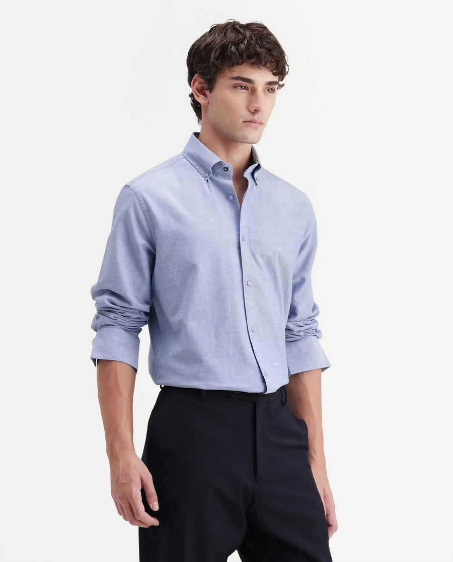 Rare Rabbit Men's Olise Blue Cotton Spread Collar Button Regular Fit Plain Shirt