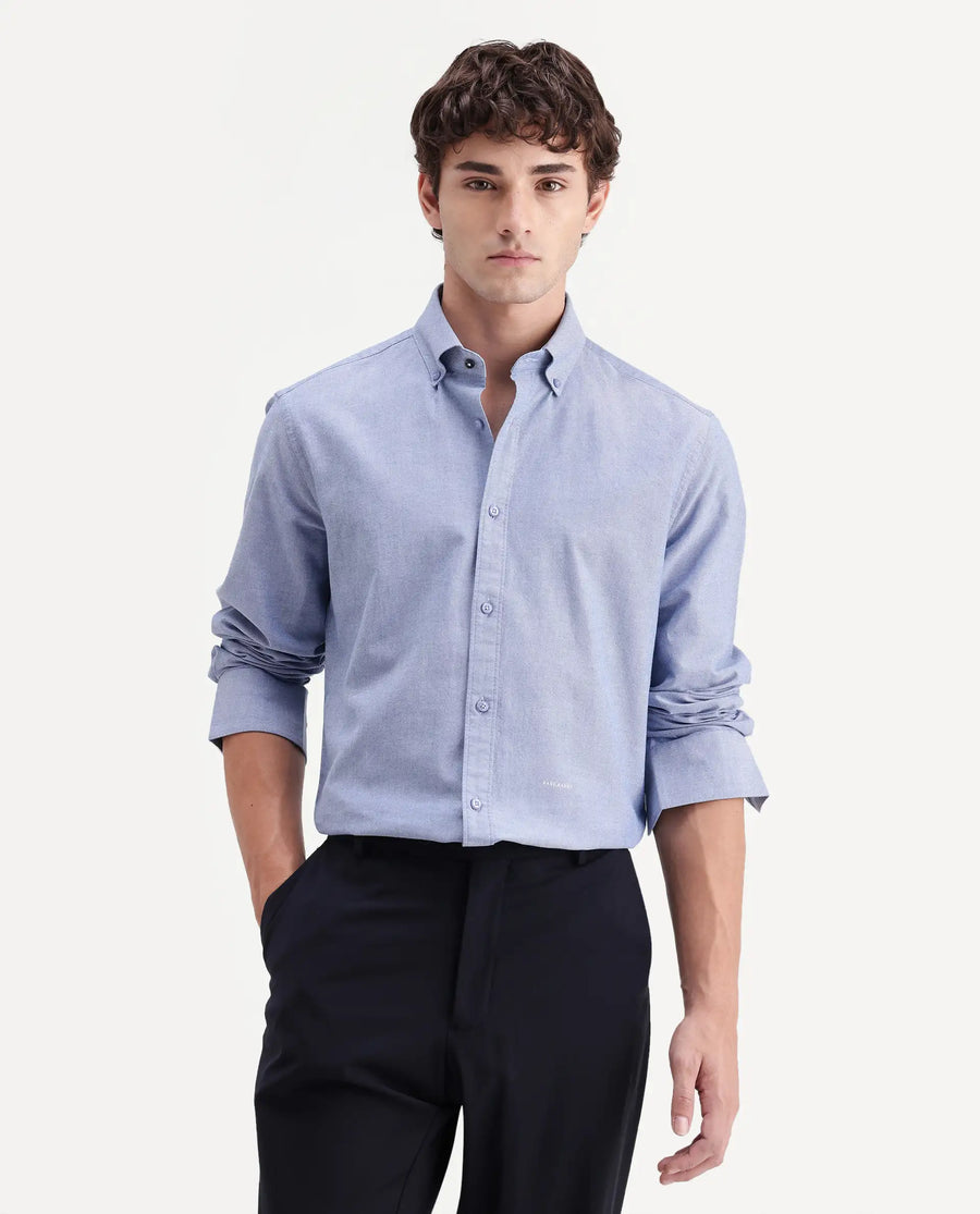 Rare Rabbit Men's Olise Blue Cotton Spread Collar Button Regular Fit Plain Shirt