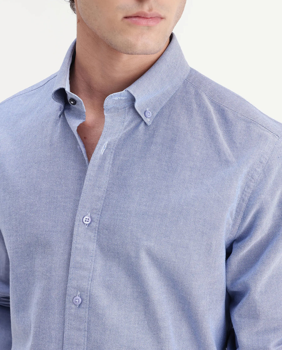 Rare Rabbit Men's Olise Blue Cotton Spread Collar Button Regular Fit Plain Shirt
