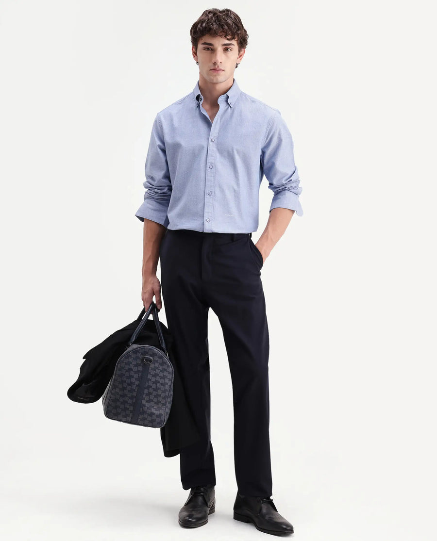 Rare Rabbit Men's Olise Blue Cotton Spread Collar Button Regular Fit Plain Shirt