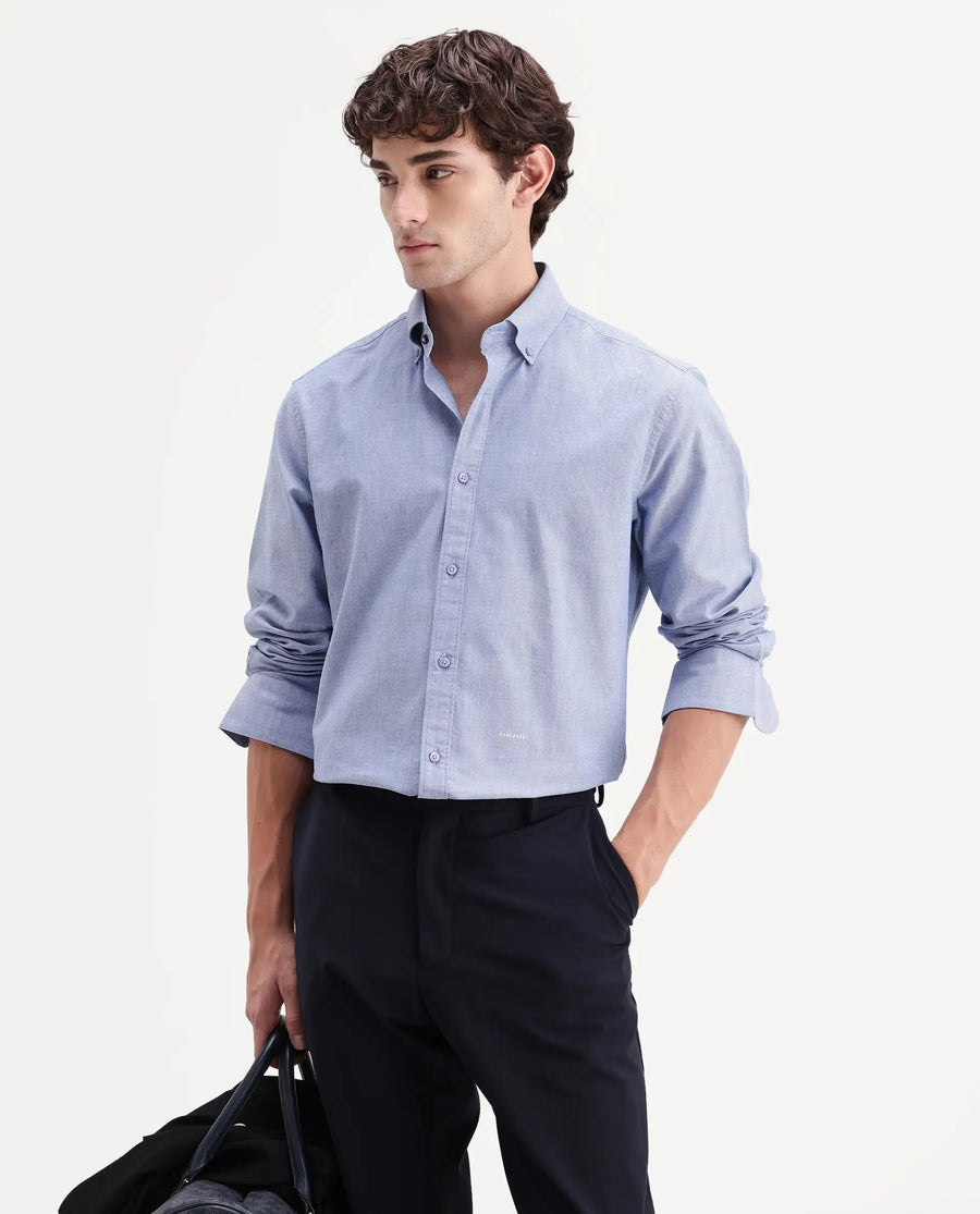 Rare Rabbit Men's Olise Blue Cotton Spread Collar Button Regular Fit Plain Shirt