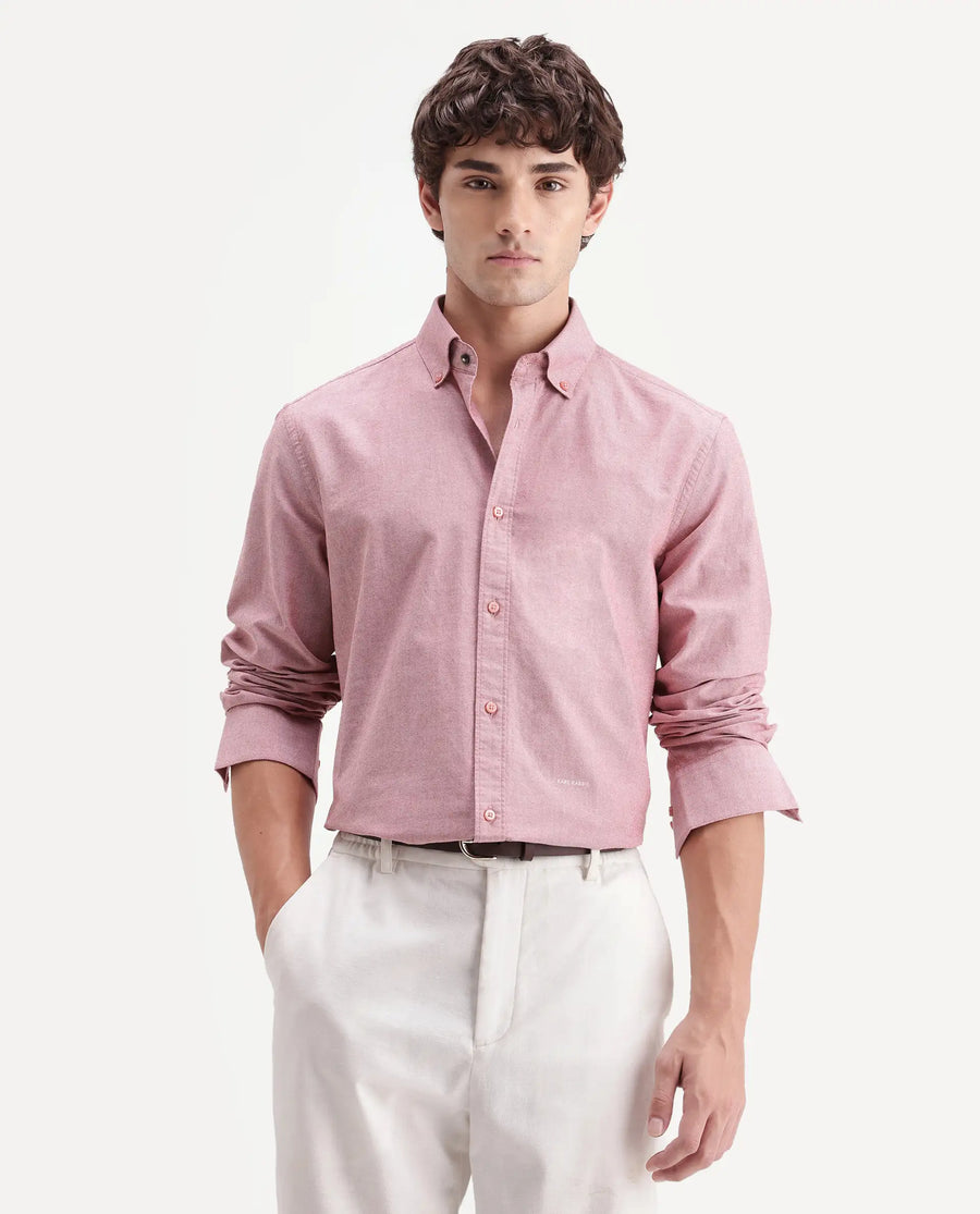 Rare Rabbit Men's Olise Red Cotton Button-Down Collar Regular Fit Plain Shirt