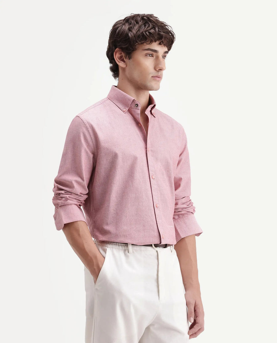 Rare Rabbit Men's Olise Red Cotton Button-Down Collar Regular Fit Plain Shirt