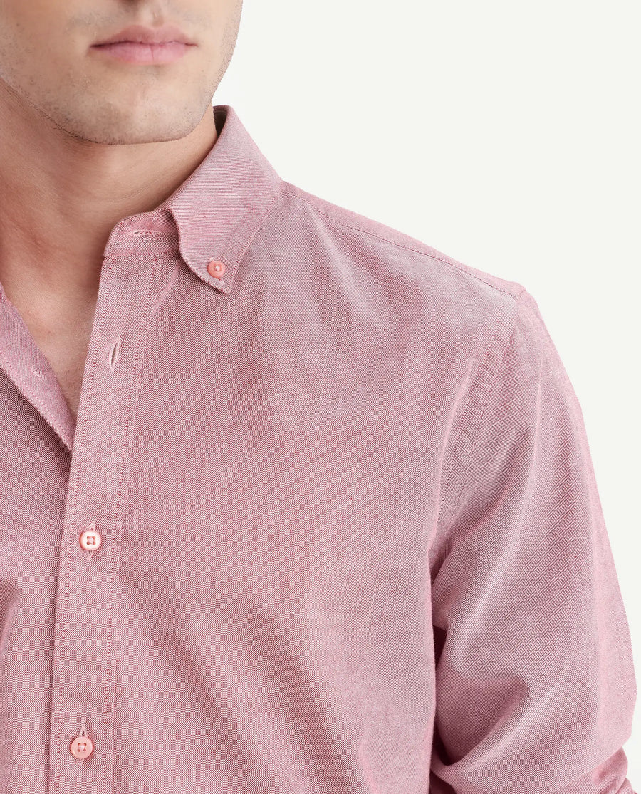 Rare Rabbit Men's Olise Red Cotton Button-Down Collar Regular Fit Plain Shirt