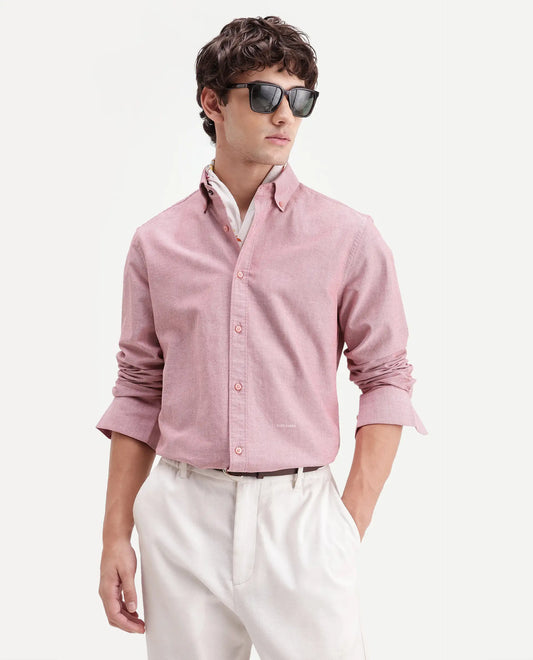 Rare Rabbit Men's Olise Red Cotton Button-Down Collar Regular Fit Plain Shirt