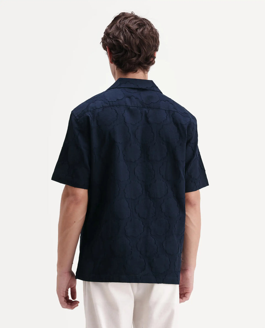 Rare Rabbit Men's Plunt Navy Cotton Cuban Collar Button Relaxed Fit Jacquard Print Shirt