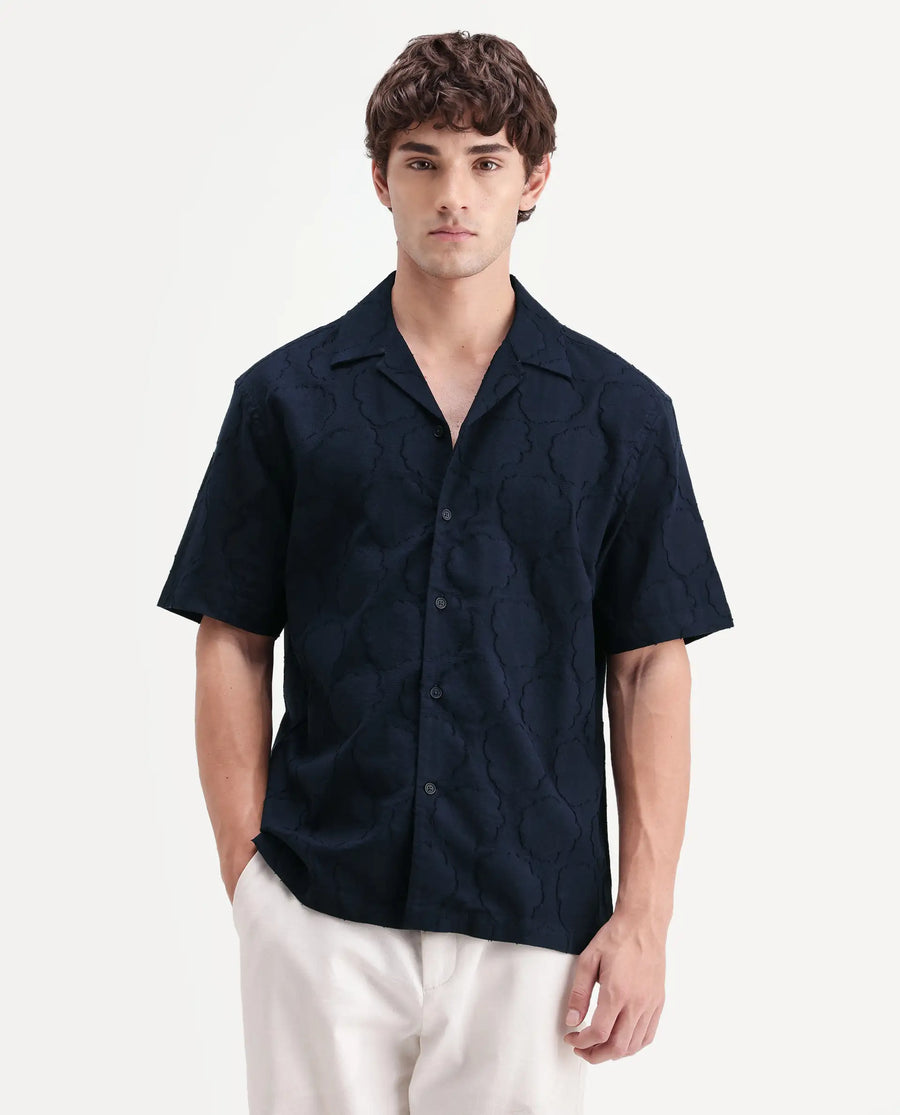 Rare Rabbit Men's Plunt Navy Cotton Cuban Collar Button Relaxed Fit Jacquard Print Shirt