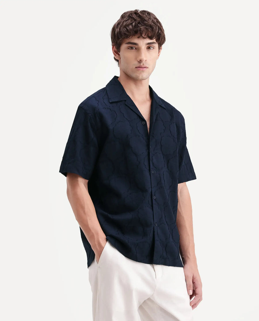 Rare Rabbit Men's Plunt Navy Cotton Cuban Collar Button Relaxed Fit Jacquard Print Shirt