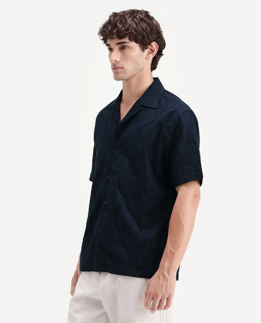 Rare Rabbit Men's Plunt Navy Cotton Cuban Collar Button Relaxed Fit Jacquard Print Shirt