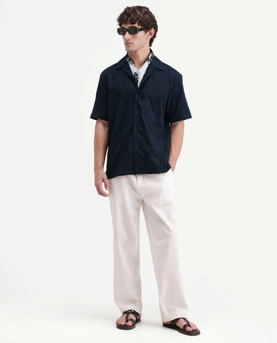 Rare Rabbit Men's Plunt Navy Cotton Cuban Collar Button Relaxed Fit Jacquard Print Shirt