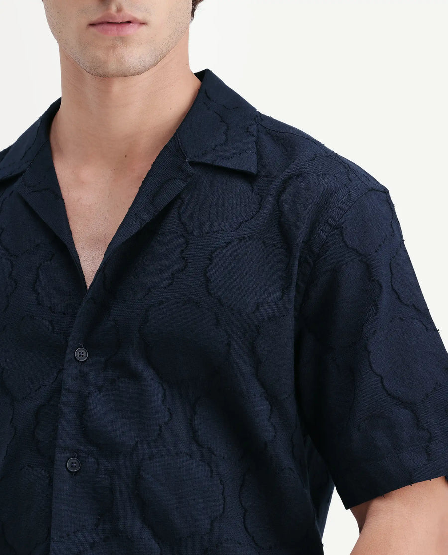 Rare Rabbit Men's Plunt Navy Cotton Cuban Collar Button Relaxed Fit Jacquard Print Shirt