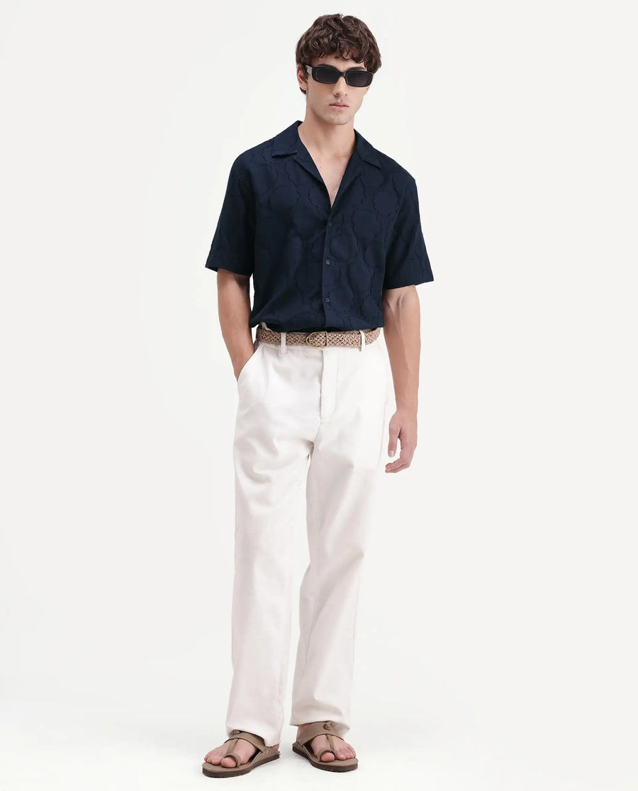 Rare Rabbit Men's Plunt Navy Cotton Cuban Collar Button Relaxed Fit Jacquard Print Shirt