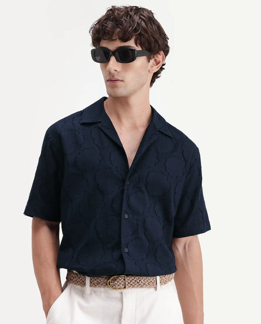 Rare Rabbit Men's Plunt Navy Cotton Cuban Collar Button Relaxed Fit Jacquard Print Shirt