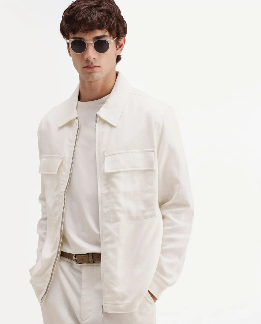Rare Rabbit Men's Jomo-T-26 Off White Linen Blend Spread Collar Zipper Regular Plain Shacket