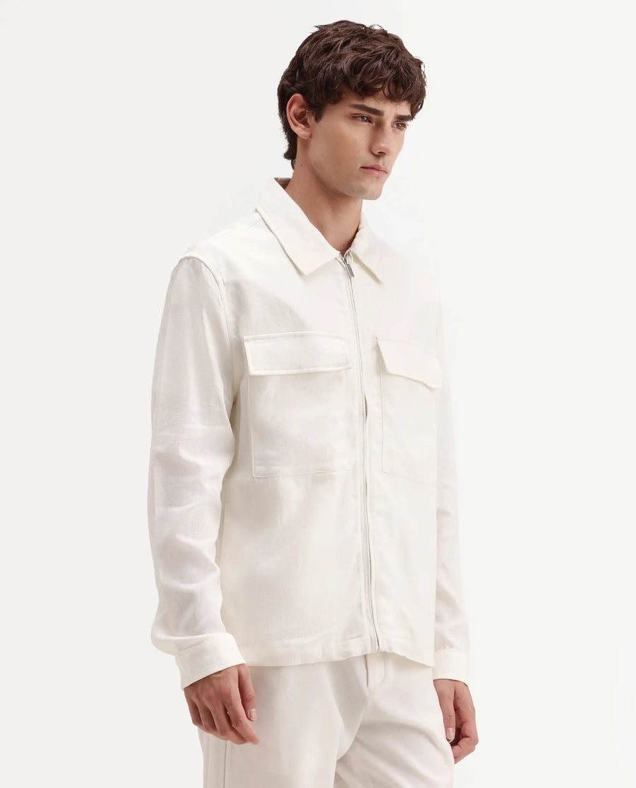 Rare Rabbit Men's Jomo-T-26 Off White Linen Blend Spread Collar Zipper Regular Plain Shacket