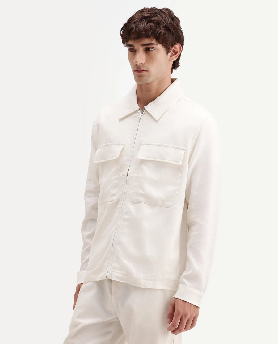 Rare Rabbit Men's Jomo-T-26 Off White Linen Blend Spread Collar Zipper Regular Plain Shacket