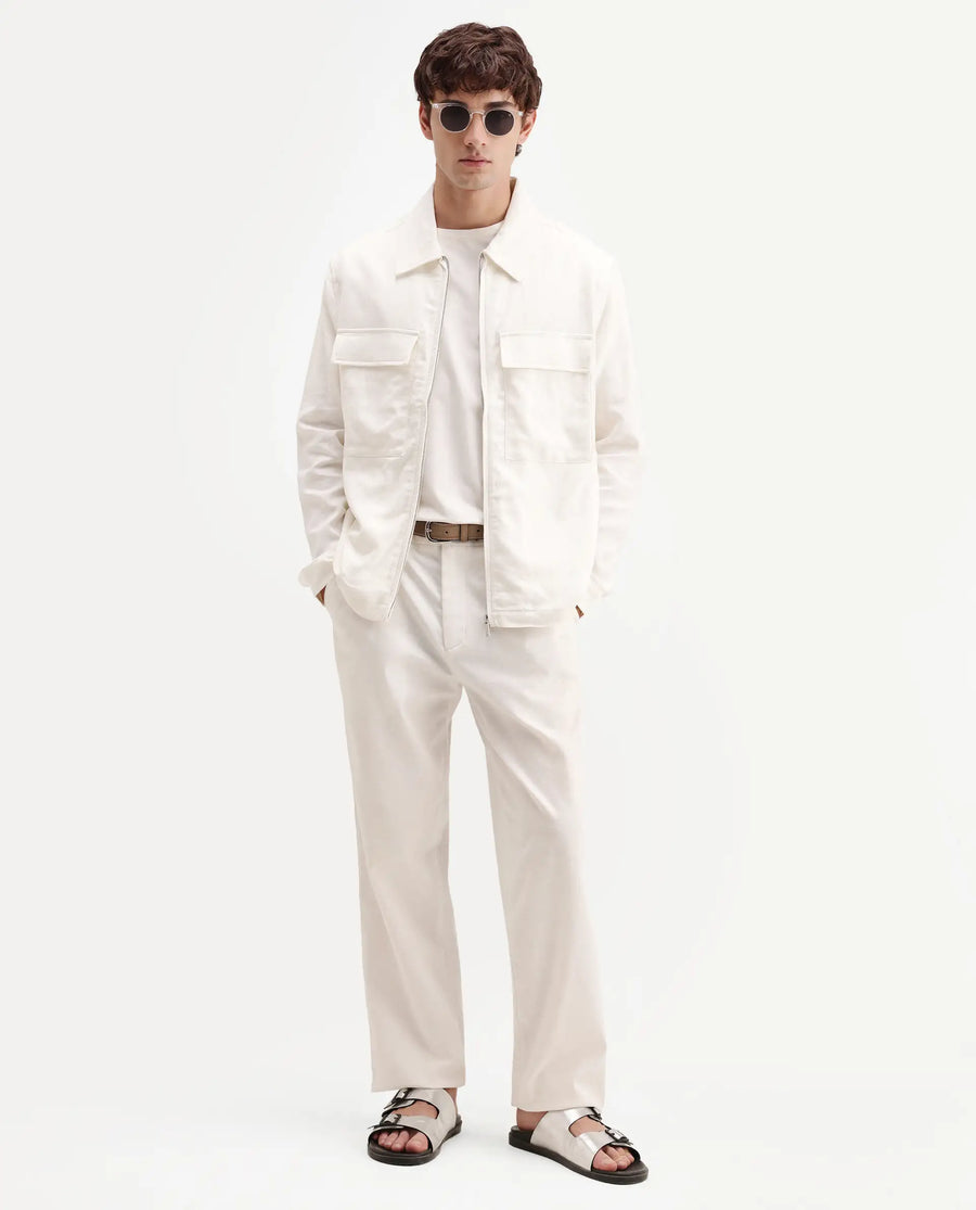 Rare Rabbit Men's Jomo-T-26 Off White Linen Blend Spread Collar Zipper Regular Plain Shacket