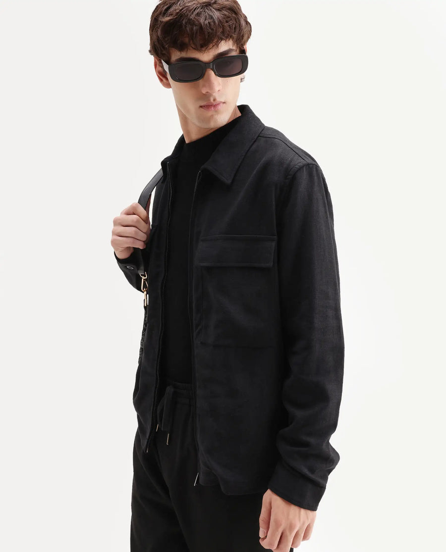 Rare Rabbit Men's Jomo-T-26 Black Linen Blend Spread Collar Zipper Regular Plain Shacket