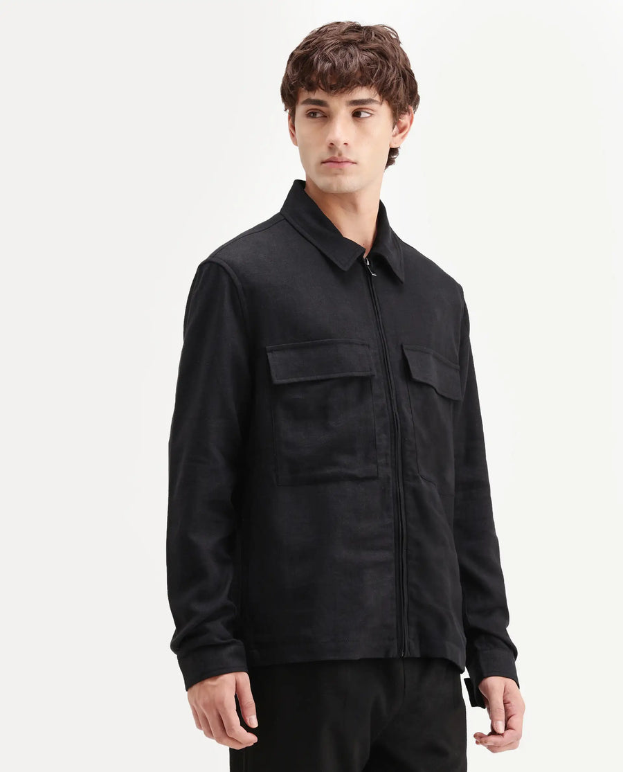 Rare Rabbit Men's Jomo-T-26 Black Linen Blend Spread Collar Zipper Regular Plain Shacket