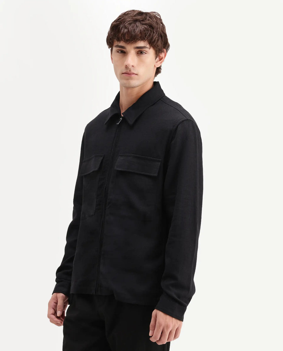 Rare Rabbit Men's Jomo-T-26 Black Linen Blend Spread Collar Zipper Regular Plain Shacket
