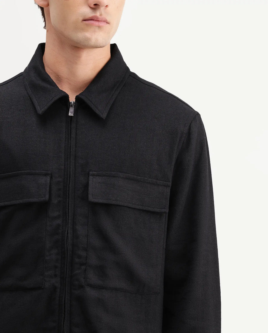 Rare Rabbit Men's Jomo-T-26 Black Linen Blend Spread Collar Zipper Regular Plain Shacket