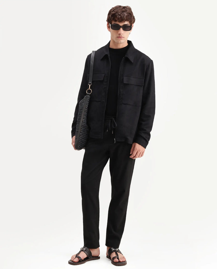Rare Rabbit Men's Jomo-T-26 Black Linen Blend Spread Collar Zipper Regular Plain Shacket